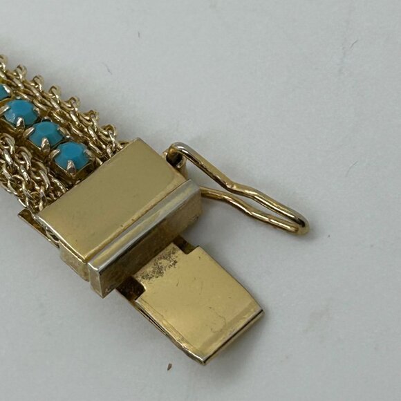 Vintage Gold-Tone Mesh Bracelet Faux Turquoise Stones Secure Clasp 1970s - Picture 14 of 16